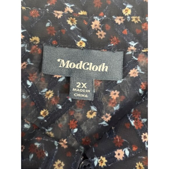 ModCloth Womens Floral Button-Up Blouse 2X Black Multicolor Long Sleeve - Picture 3 of 6